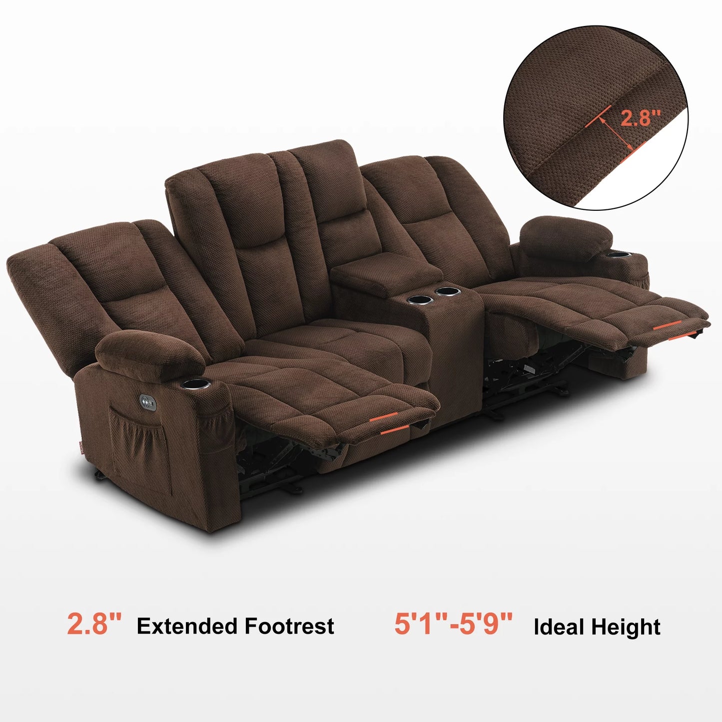 Elite Comfort Power Reclining Sofa – Brown Fabric with Massage, USB Ports, and Integrated Console