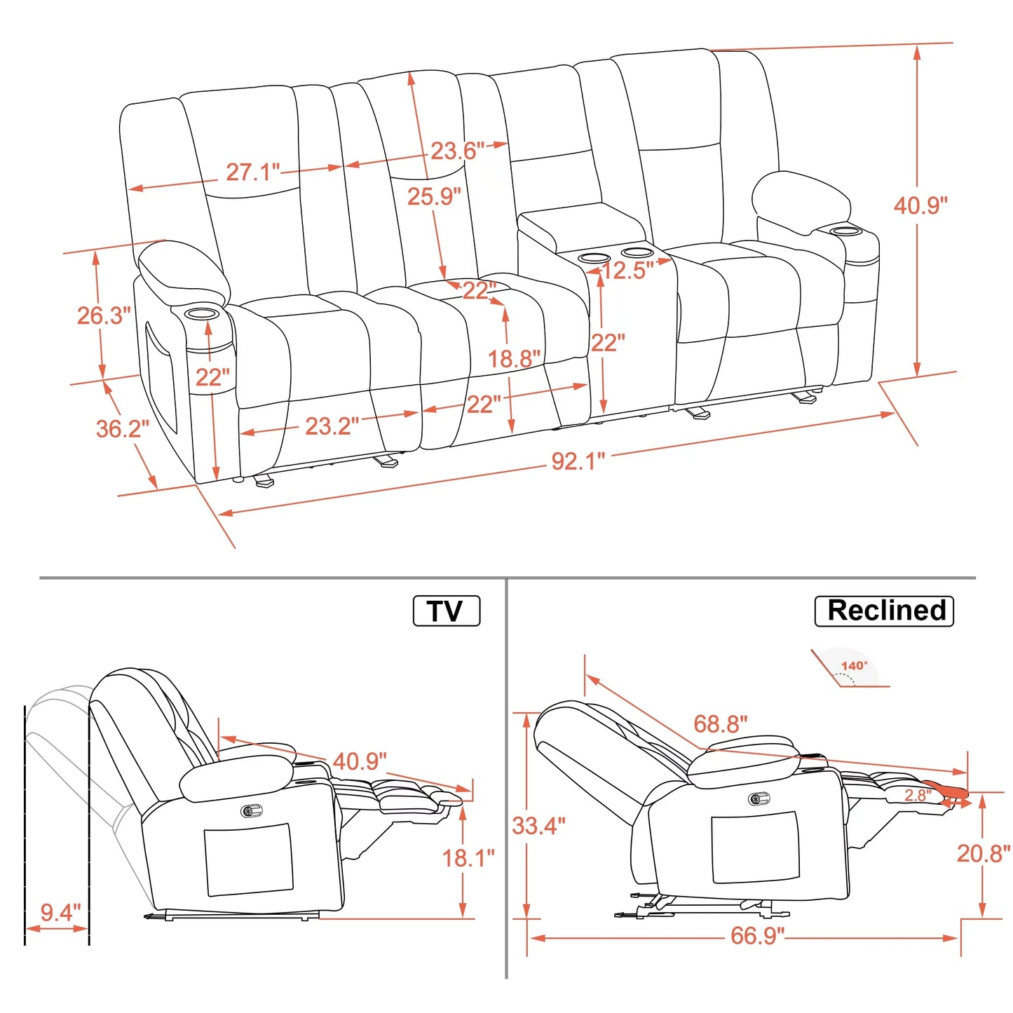 Elite Comfort Power Reclining Sofa – Brown Fabric with Massage, USB Ports, and Integrated Console