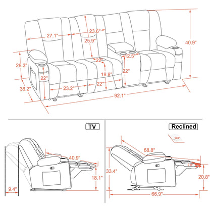 Elite Comfort Power Reclining Sofa – Brown Fabric with Massage, USB Ports, and Integrated Console