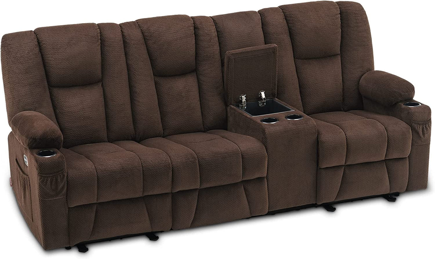 Elite Comfort Power Reclining Sofa – Brown Fabric with Massage, USB Ports, and Integrated Console