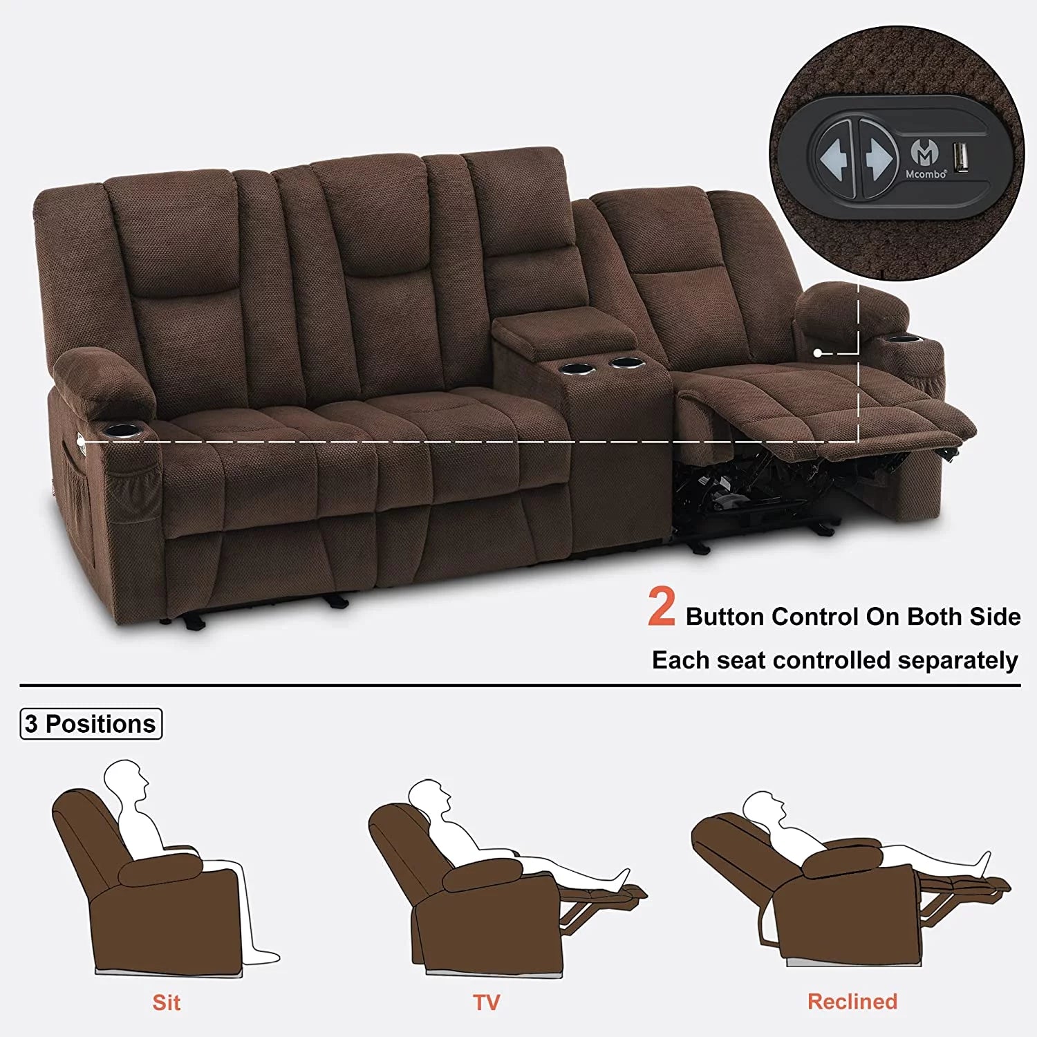 Elite Comfort Power Reclining Sofa – Brown Fabric with Massage, USB Ports, and Integrated Console