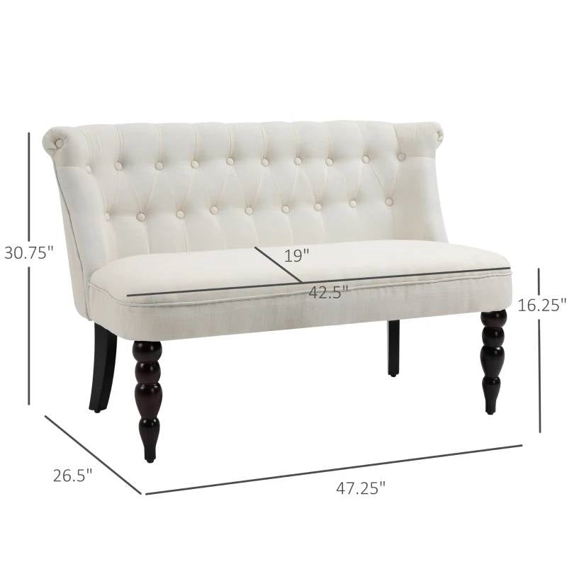 Scandinavian 2 Seater Button Tufted Loveseat Wooden Legs Cream White Linen