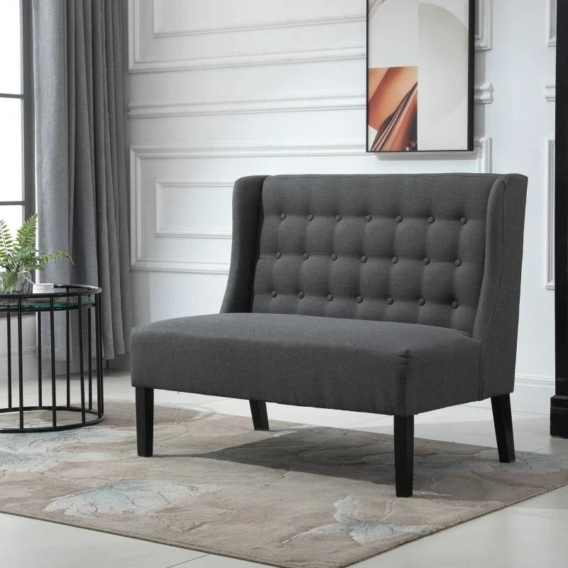 Scandinavian 2 Seater Button Tufted Loveseat Wooden Legs Gray Linen