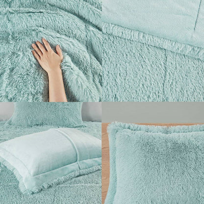 Light Teal Blue Full/Queen Sherpa Faux Fur 3-Piece Comforter Set