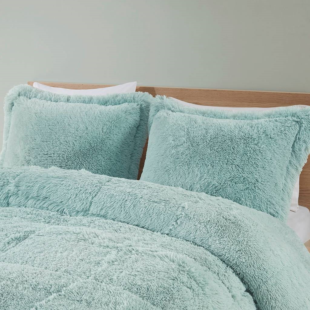 Light Teal Blue Full/Queen Sherpa Faux Fur 3-Piece Comforter Set