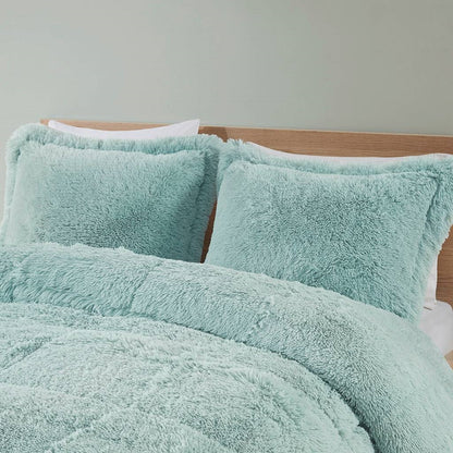 Light Teal Blue Full/Queen Sherpa Faux Fur 3-Piece Comforter Set