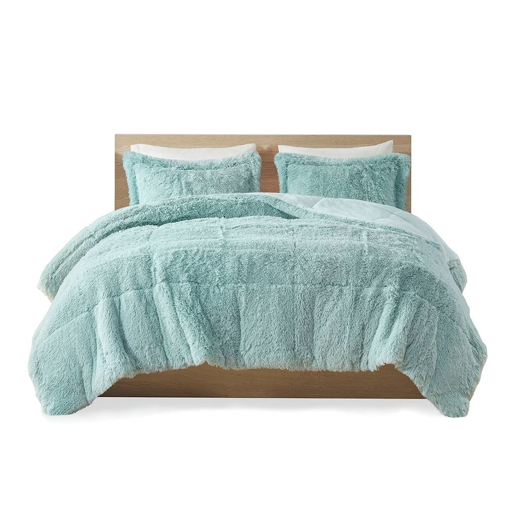 Light Teal Blue Full/Queen Sherpa Faux Fur 3-Piece Comforter Set