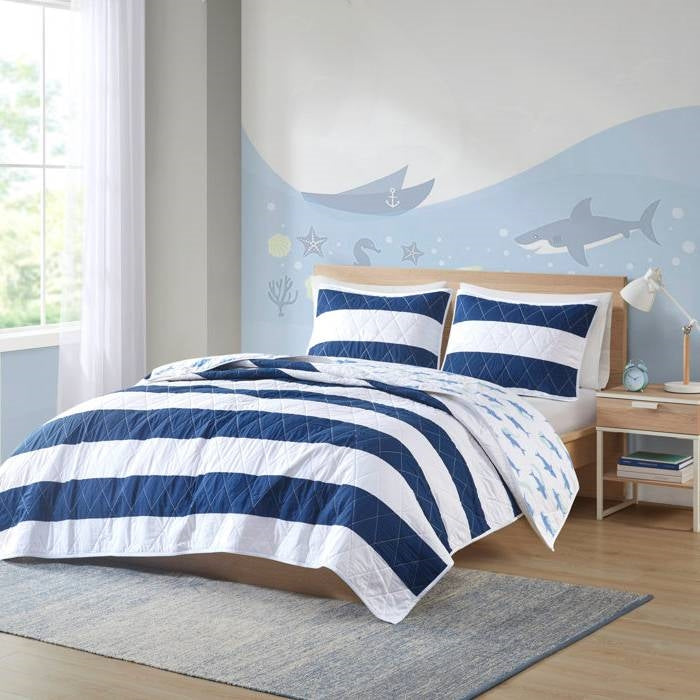 Twin Size 2 Piece Coastal Reversible Navy Blue White Sharks Cotton Quilt Set