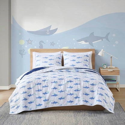 Twin Size 2 Piece Coastal Reversible Navy Blue White Sharks Cotton Quilt Set