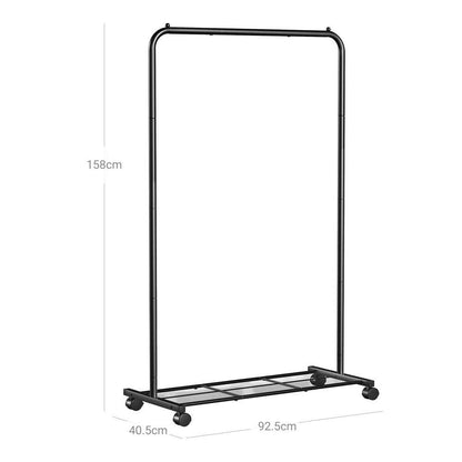 Simple Black Steel Tube Rolling Garment Clothes Rack with Bottom Mesh Shelf