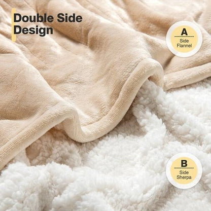 Heated Electric Sherpa Throw Blanket in Beige & White