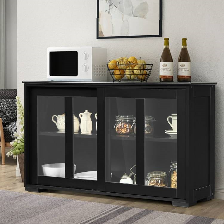 Black Wood Buffet with Glass Sliding Doors