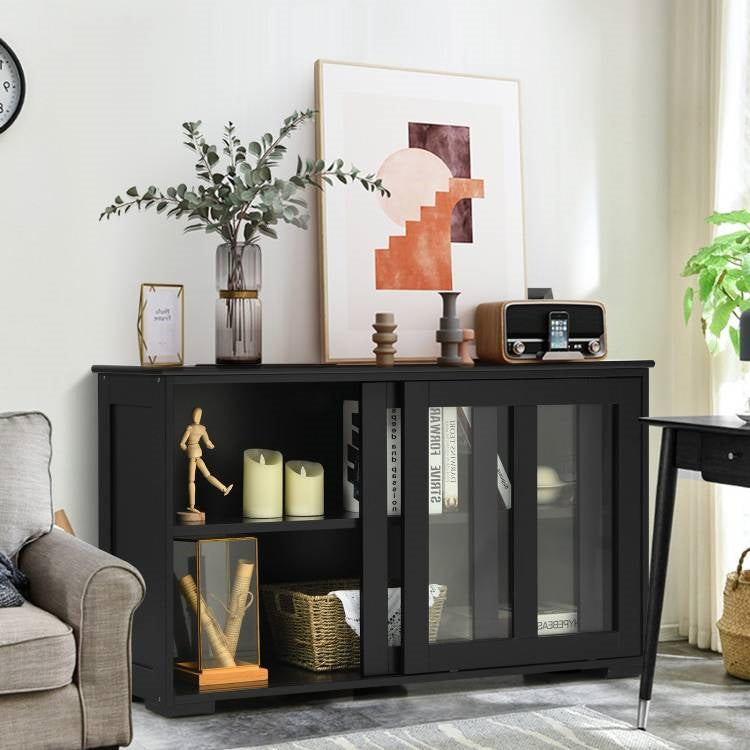 Black Wood Buffet with Glass Sliding Doors