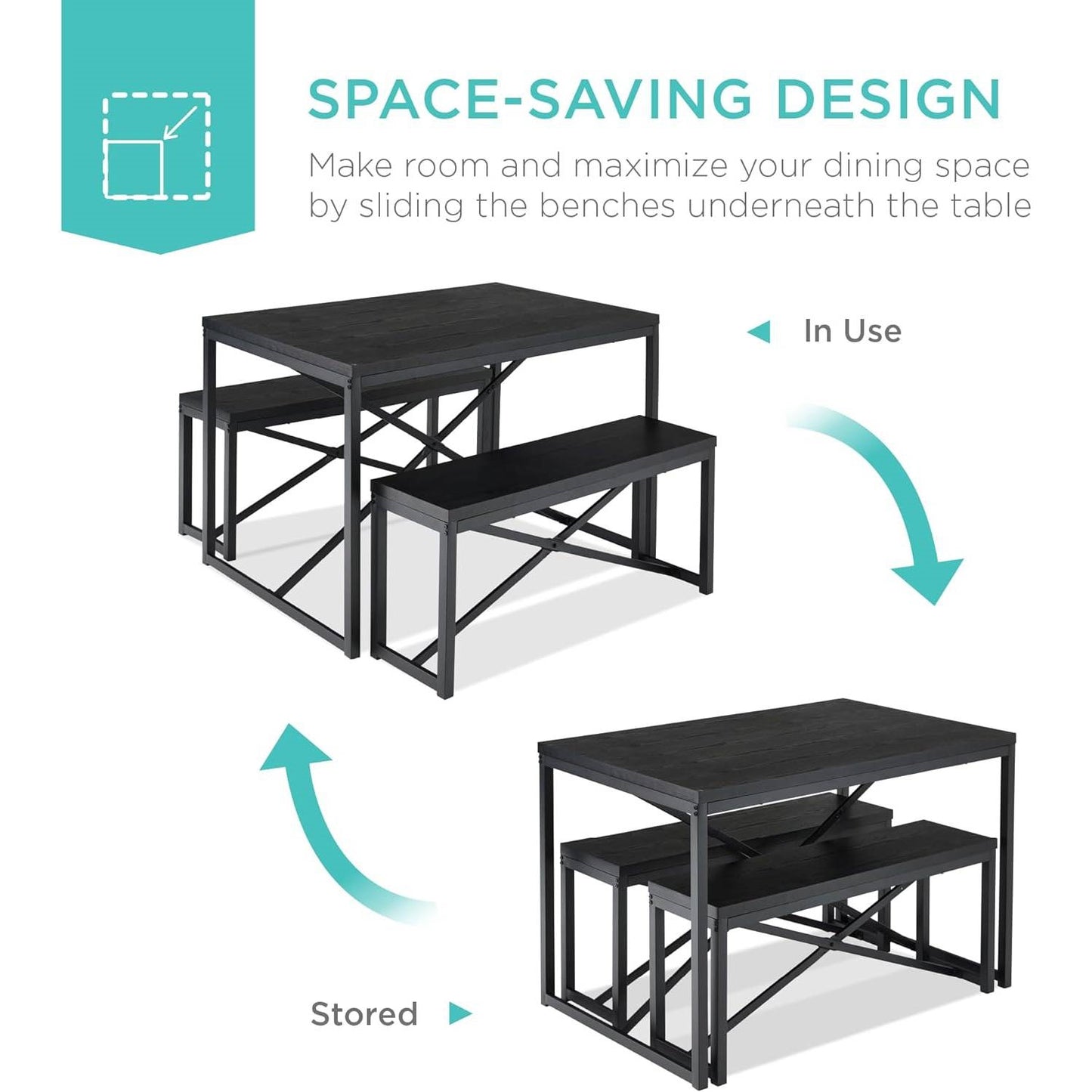 Modern 3-Piece Dining Set - Metal Frame Black Wood Top Table and 2 Bench Chairs