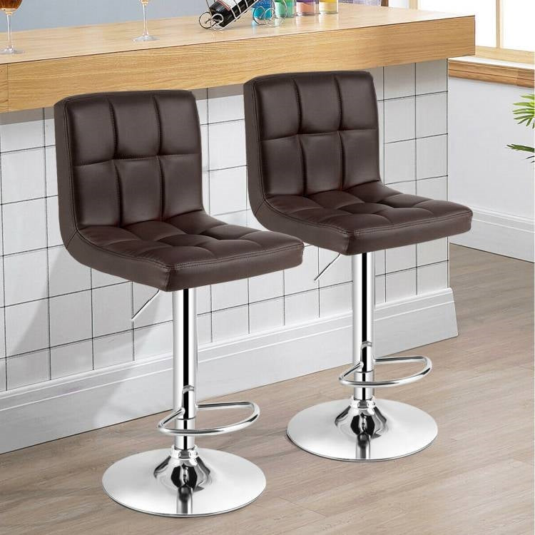 Set of 2 Modern Adjustable Height Barstools with Brown PU Leather Swivel Seat