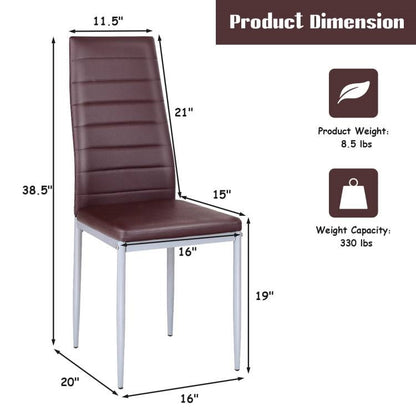 Set of 4 Modern High Back Brown PVC Leather Dining Chairs with Metal Legs