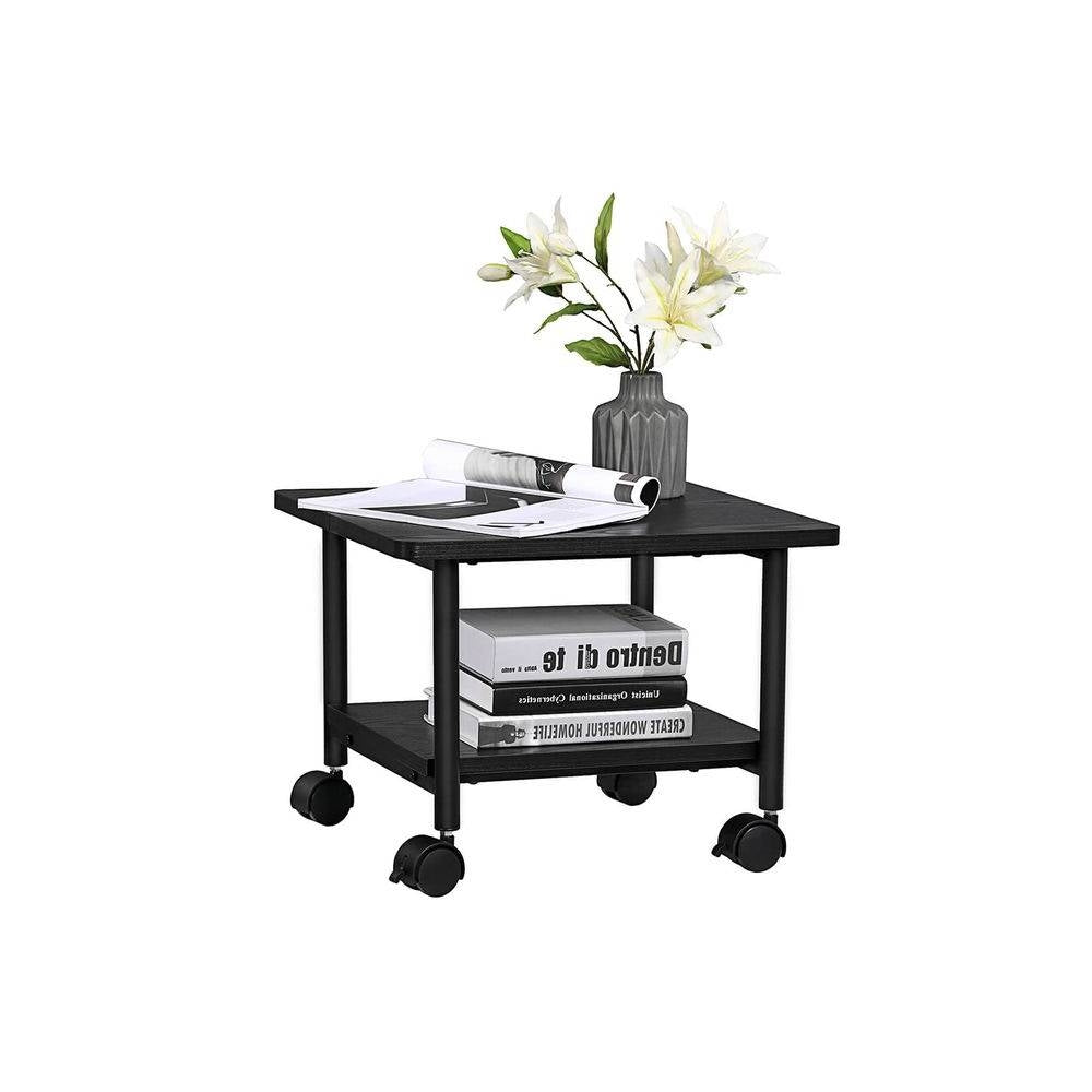 Industrial Black Metal Wood Low-Profile Printer Stand with Bottom Paper Shelf