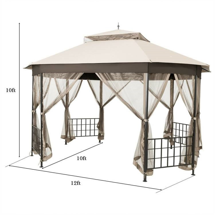 Outdoor 10 x 12 Ft Octagon Gazebo with Mosquito Net Sidewalls and Beige Canopy