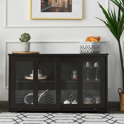 Rustic Brown Wood Buffet with Glass Sliding Doors – Kitchen and Dining Storage Cabinet