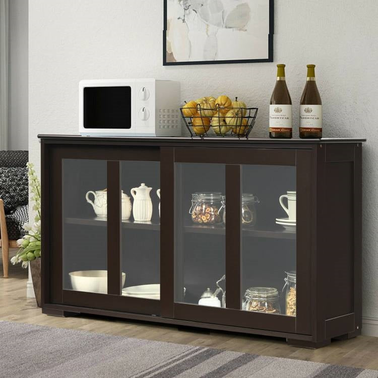 Rustic Brown Wood Buffet with Glass Sliding Doors – Kitchen and Dining Storage Cabinet