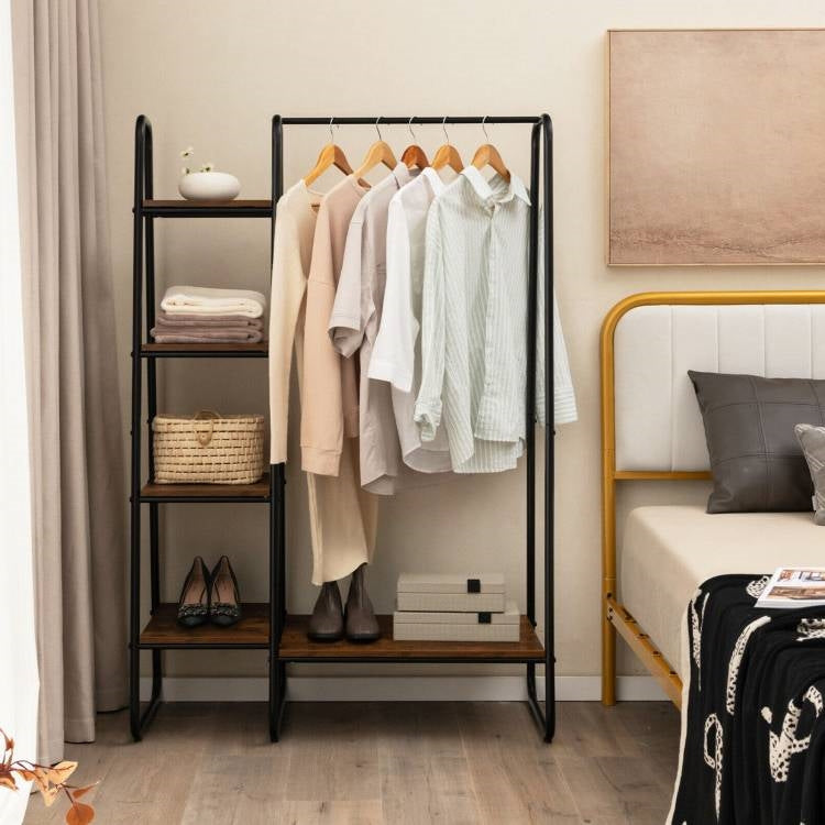 Refined Industrial Wood & Metal Clothing Rack with Storage Shelves