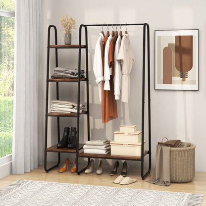 Refined Industrial Wood & Metal Clothing Rack with Storage Shelves