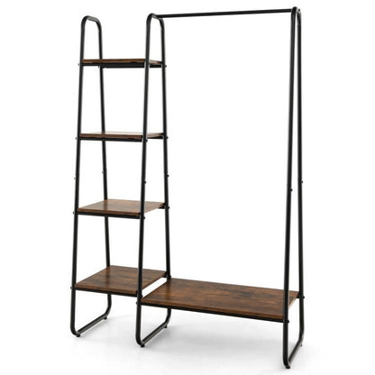 Refined Industrial Wood & Metal Clothing Rack with Storage Shelves