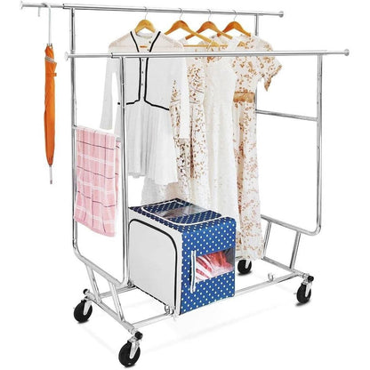 Heavy Duty Double Bar Clothes Hanging Rack on Lockable Wheels