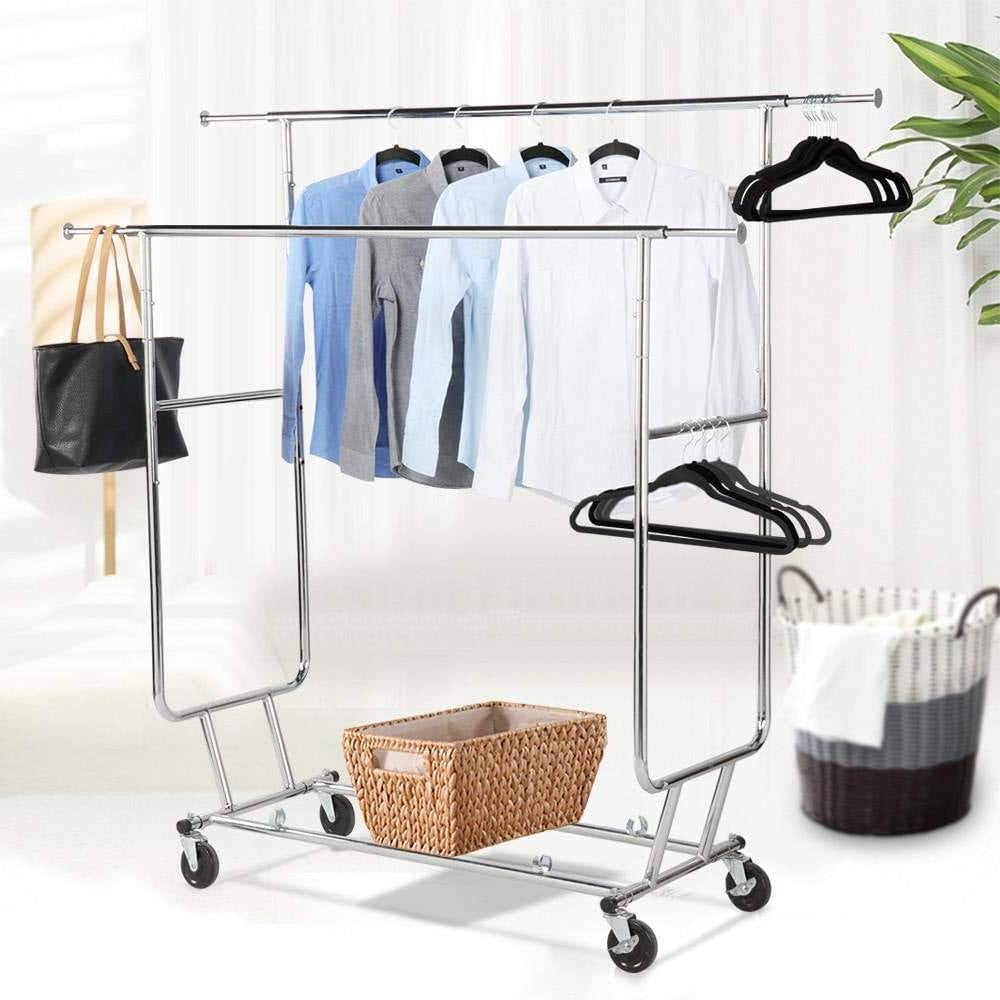 Heavy Duty Double Bar Clothes Hanging Rack on Lockable Wheels