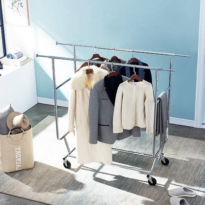 Heavy Duty Double Bar Clothes Hanging Rack on Lockable Wheels