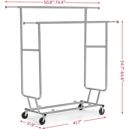 Heavy Duty Double Bar Clothes Hanging Rack on Lockable Wheels