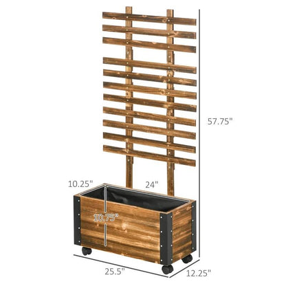 Farmhouse Rustic Wooden Raised Planter with Trellis on Wheels