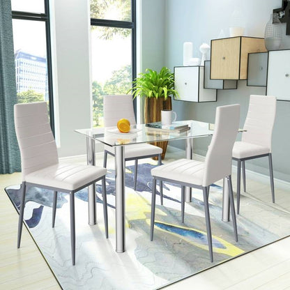 Modern 5-Piece Dining Set with Glass Top Table and 4 White PVC Leather Chairs