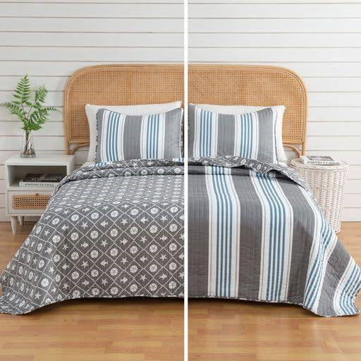 Full/Queen 3 Piece Grey Blue White Quilt Set