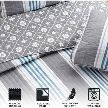 Full/Queen 3 Piece Grey Blue White Quilt Set