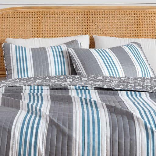 Full/Queen 3 Piece Grey Blue White Quilt Set