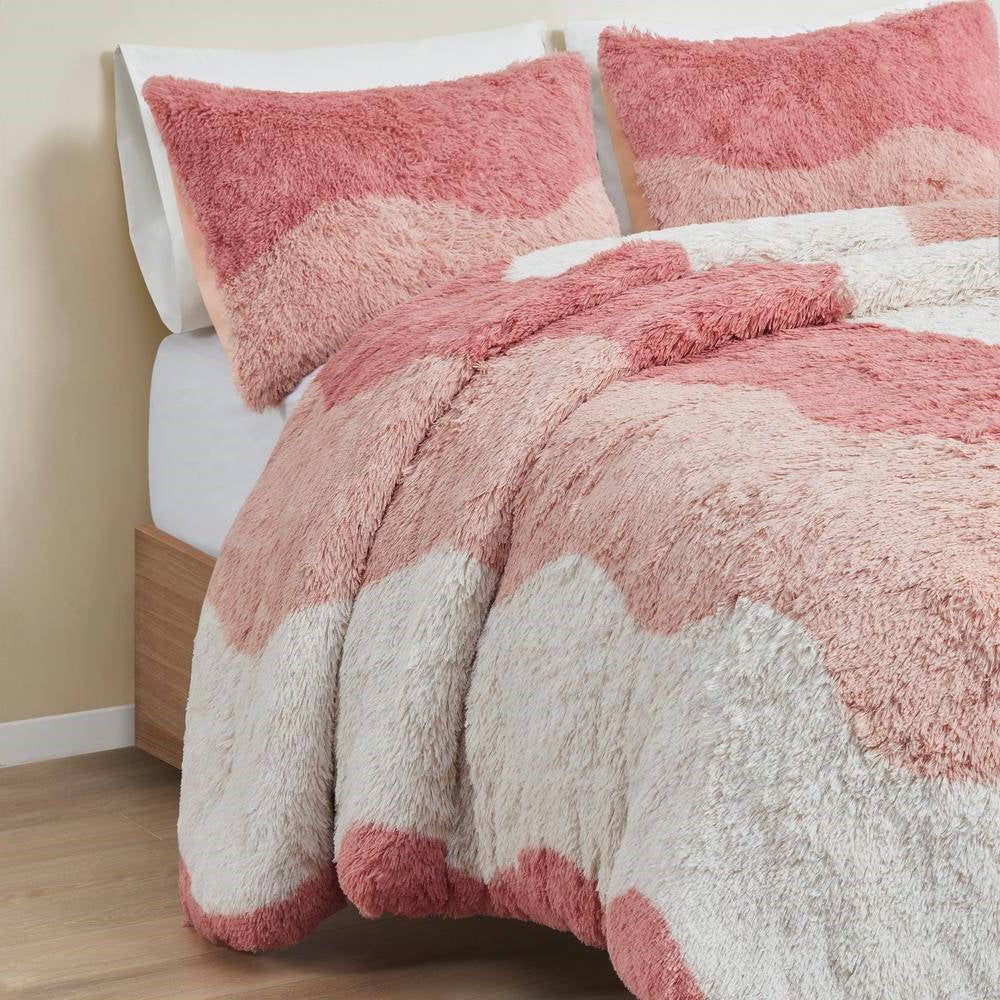 Full/Queen Pink Blush White Soft Sherpa Faux Fur 3-PC Comforter Set