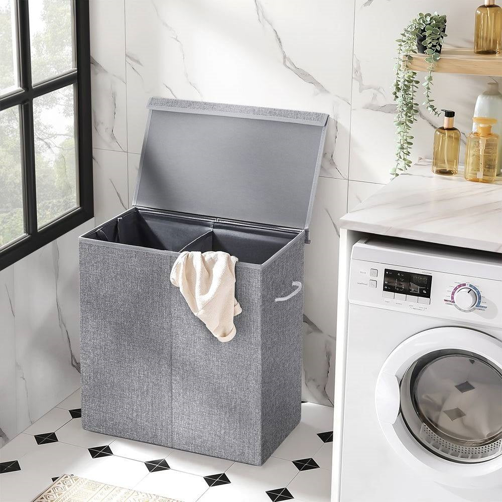 Grey Fabric 2-Compartmant Laundry Basket with Removeable Cotton Bag