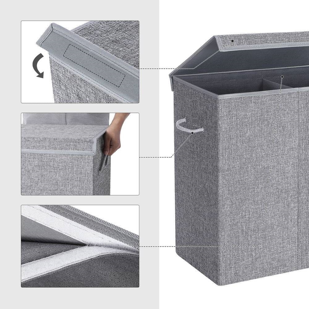 Grey Fabric 2-Compartmant Laundry Basket with Removeable Cotton Bag