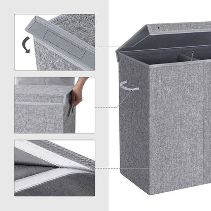 Grey Fabric 2-Compartmant Laundry Basket with Removeable Cotton Bag