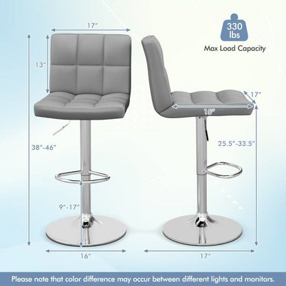 Set of 2 Modern Adjustable Height Barstools w/ Comfortable Grey PU Leather Seat