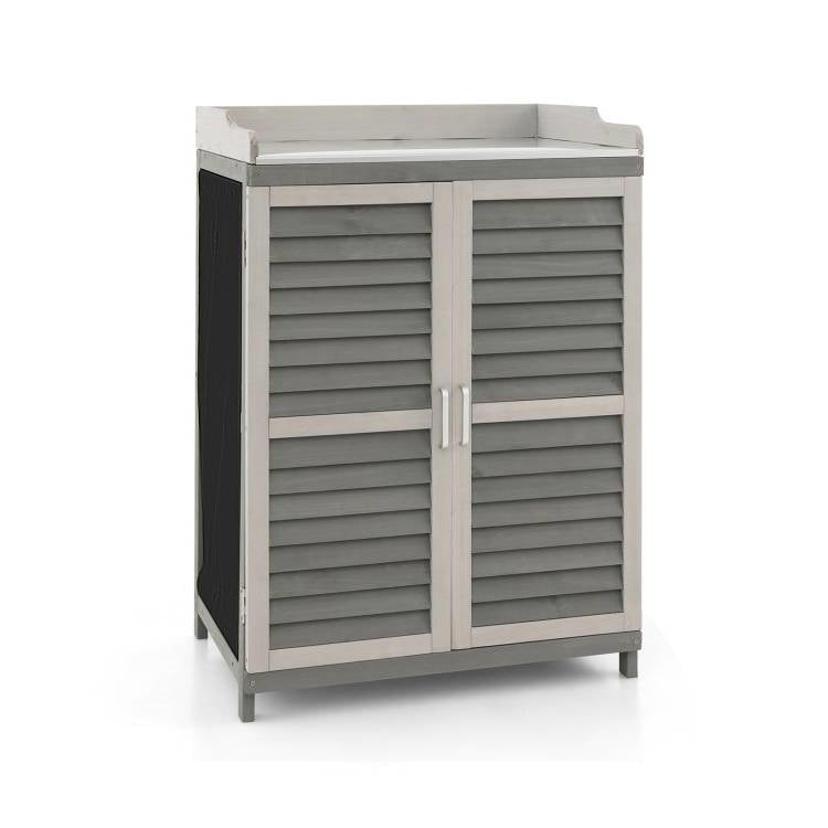 Elegant Grey Solid Wood Garden Storage Cabinet and Potting Bench with Metal Top