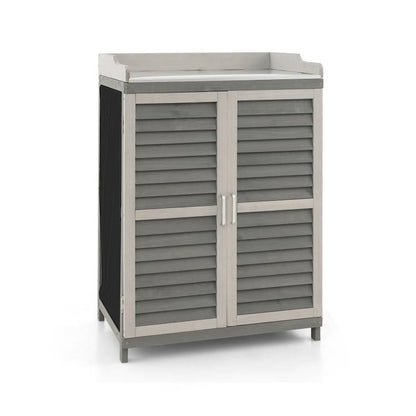 Elegant Grey Solid Wood Garden Storage Cabinet and Potting Bench with Metal Top