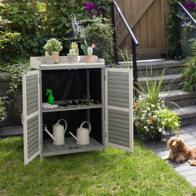 Elegant Grey Solid Wood Garden Storage Cabinet and Potting Bench with Metal Top