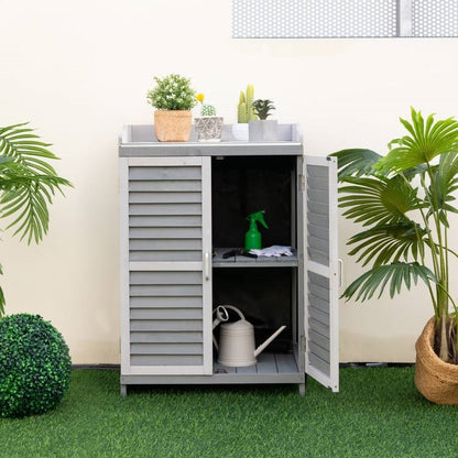 Elegant Grey Solid Wood Garden Storage Cabinet and Potting Bench with Metal Top