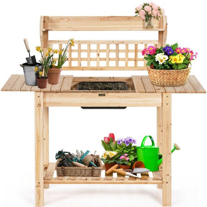 Solid Wood Garden Potting Bench Table with Bottom Shelf and Removeable Sink