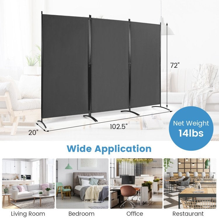 6-Ft Grey 3-Panel Folding Room Divider with Steel Frame