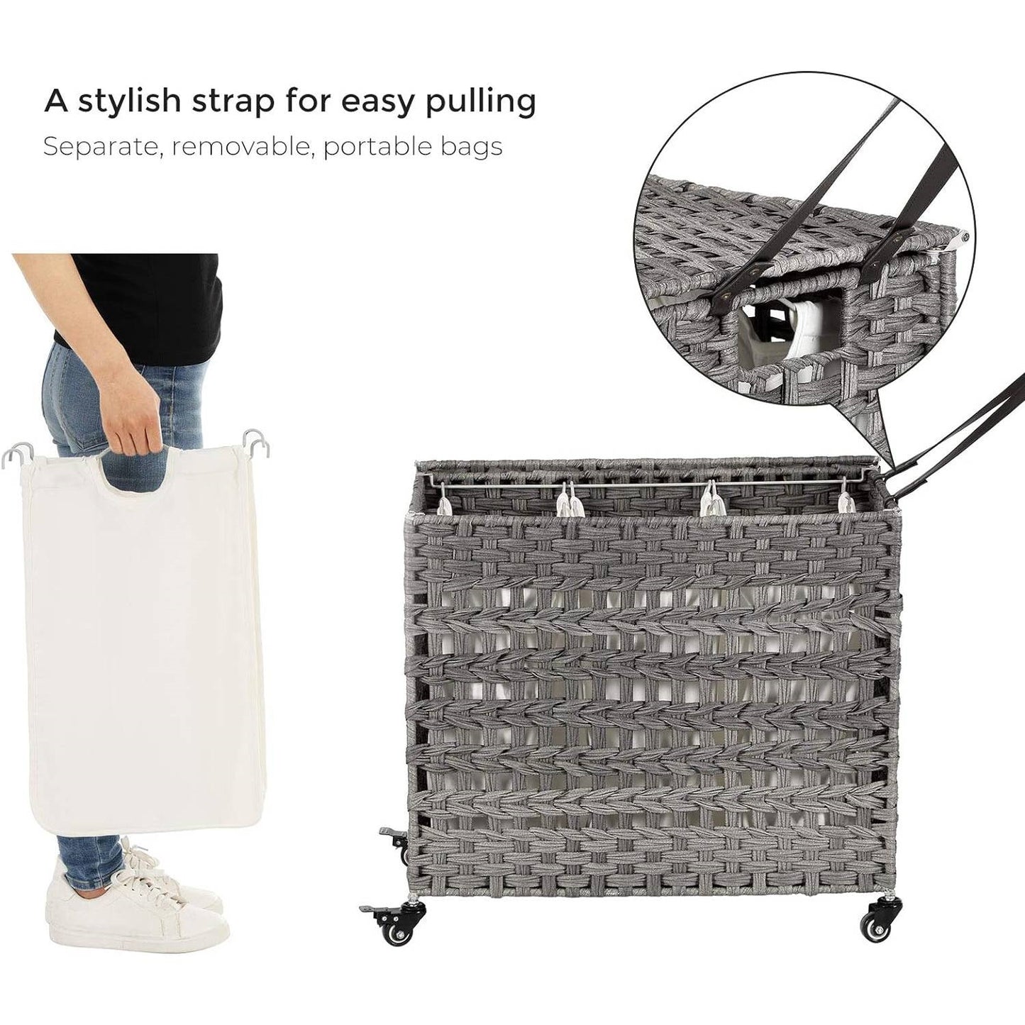 Grey Woven 3-Basket Laundry Hamper with Removable Cotton Bags