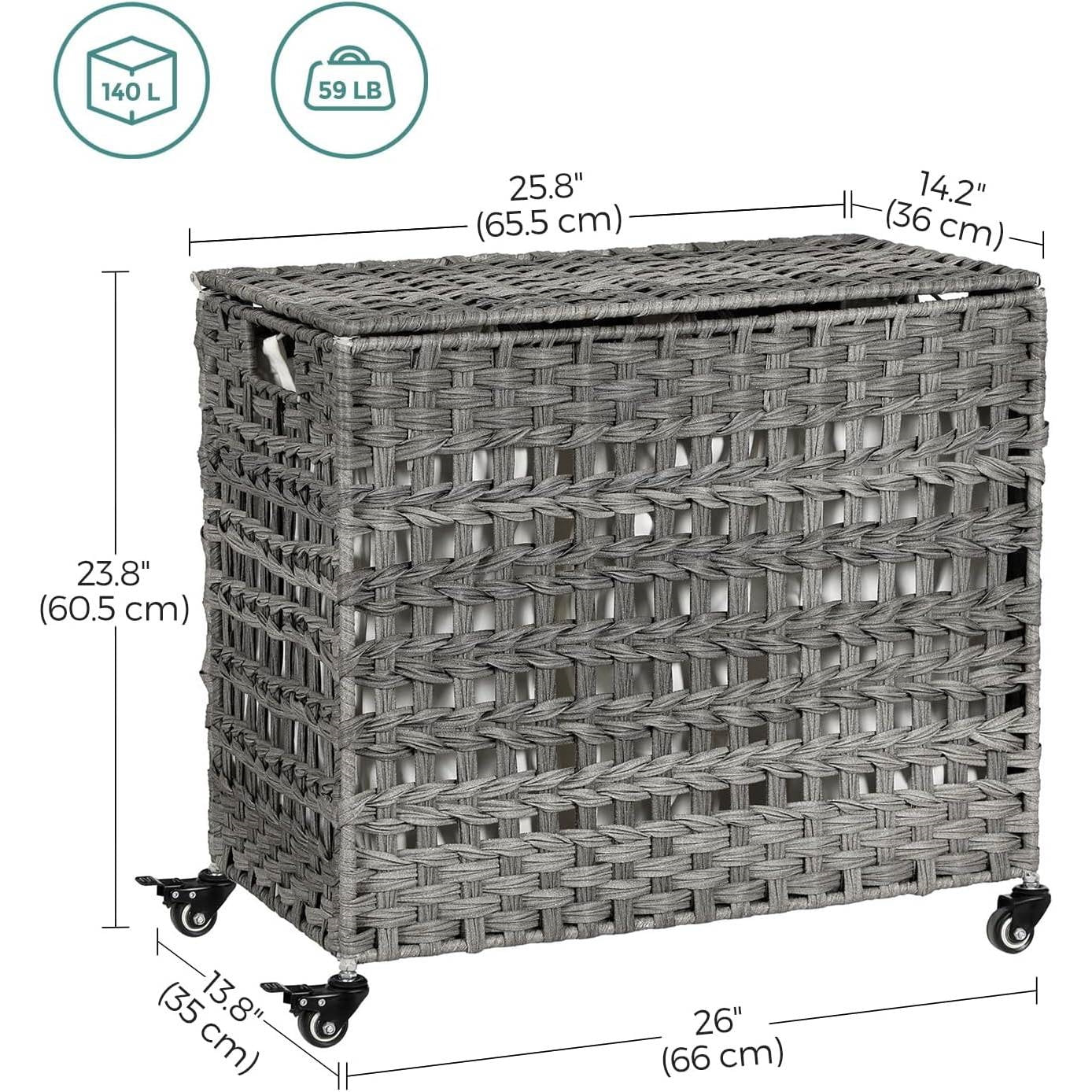 Grey Woven 3-Basket Laundry Hamper with Removable Cotton Bags