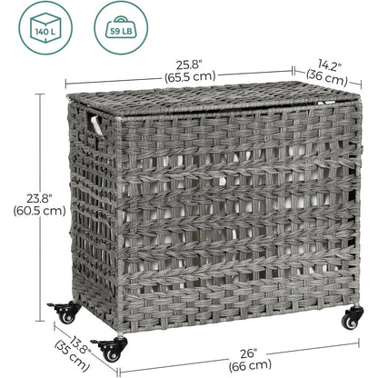 Grey Woven 3-Basket Laundry Hamper with Removable Cotton Bags